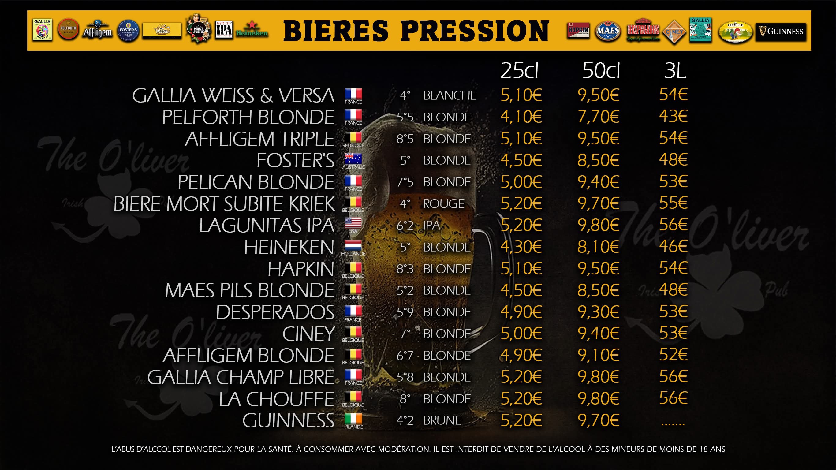 Carte des Bières de l'O'liver Pub