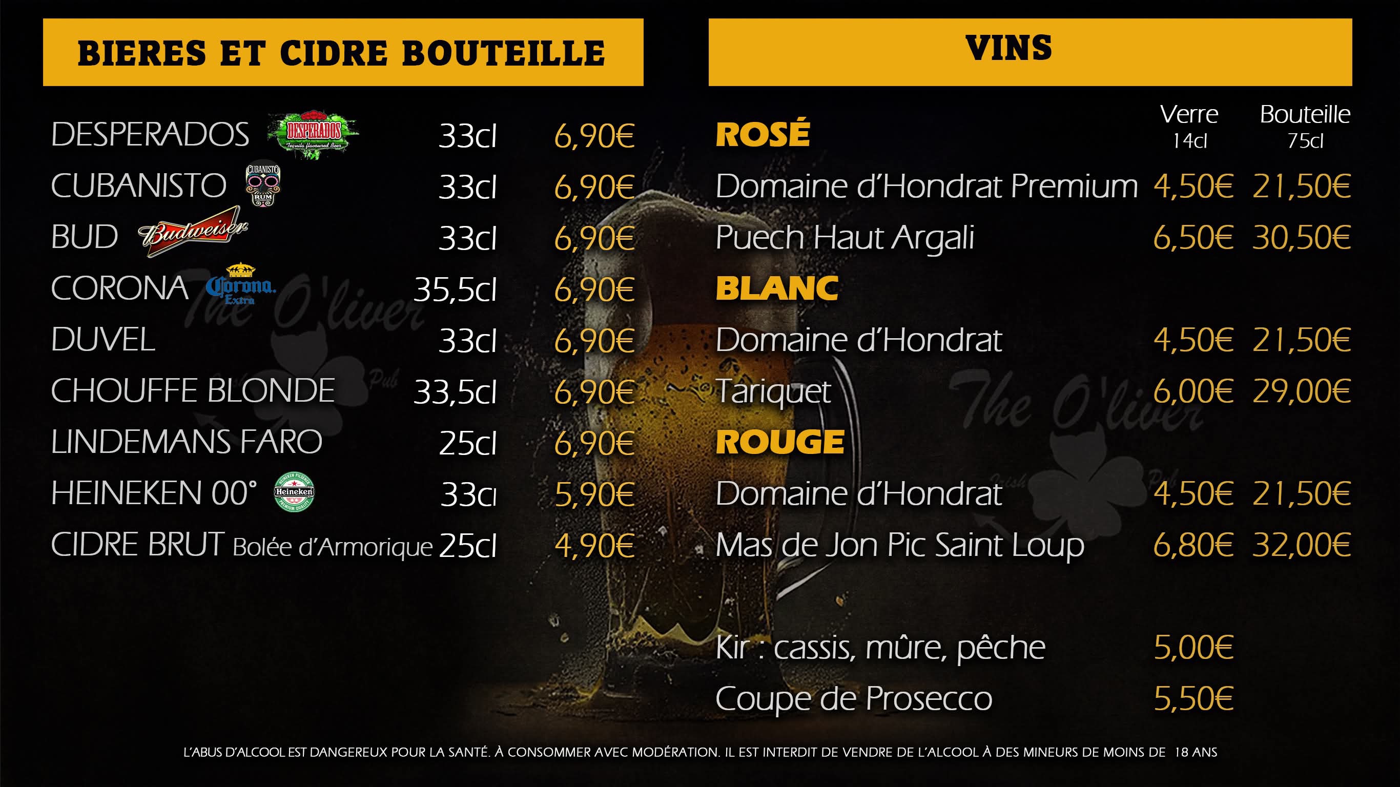 Carte des Vins de l'O'liver Pub